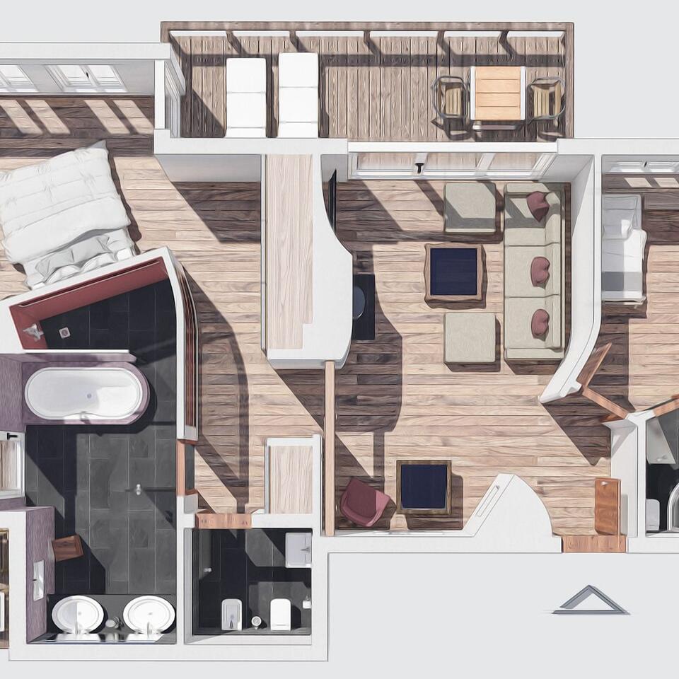 Top view of a suite floor plan with bedroom, bathroom, living area and balcony