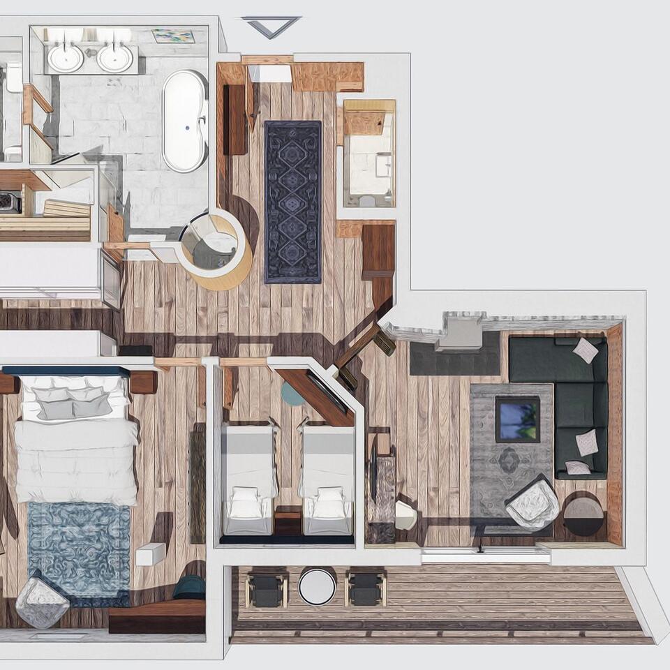 Draufsicht auf Grundriss einer Wohnung mit Schlafzimmer, Bad, Wohnzimmer und Balkon