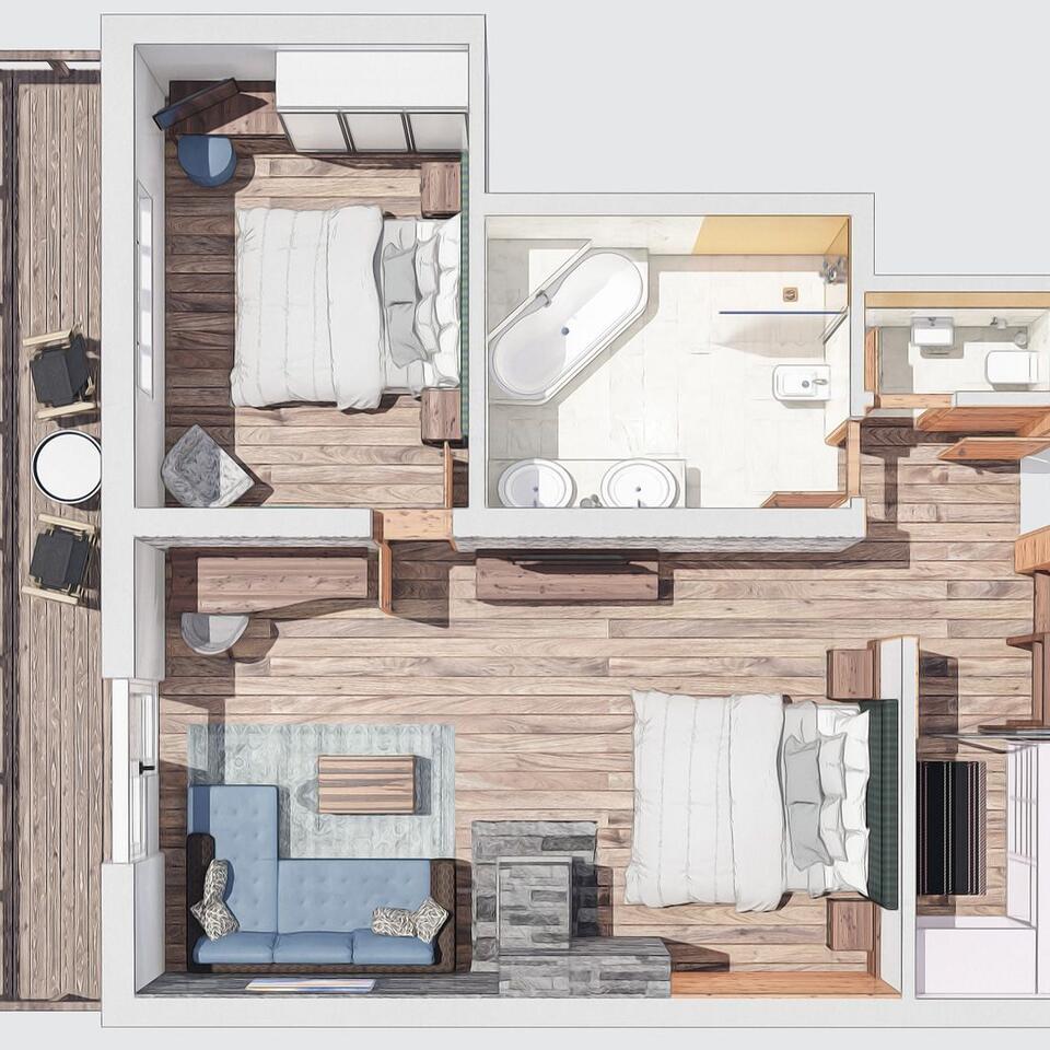 Draufsicht auf Grundriss einer Wohnung mit zwei Schlafzimmern, Bad, Wohnzimmer und Balkon