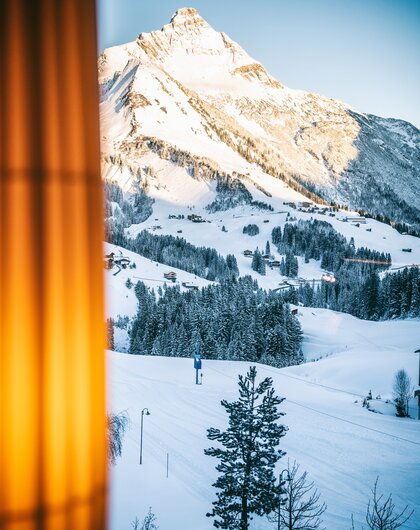 Verschneite Landschaft in Vorarlberg mit Bergen, Bäumen und Häusern im Winter